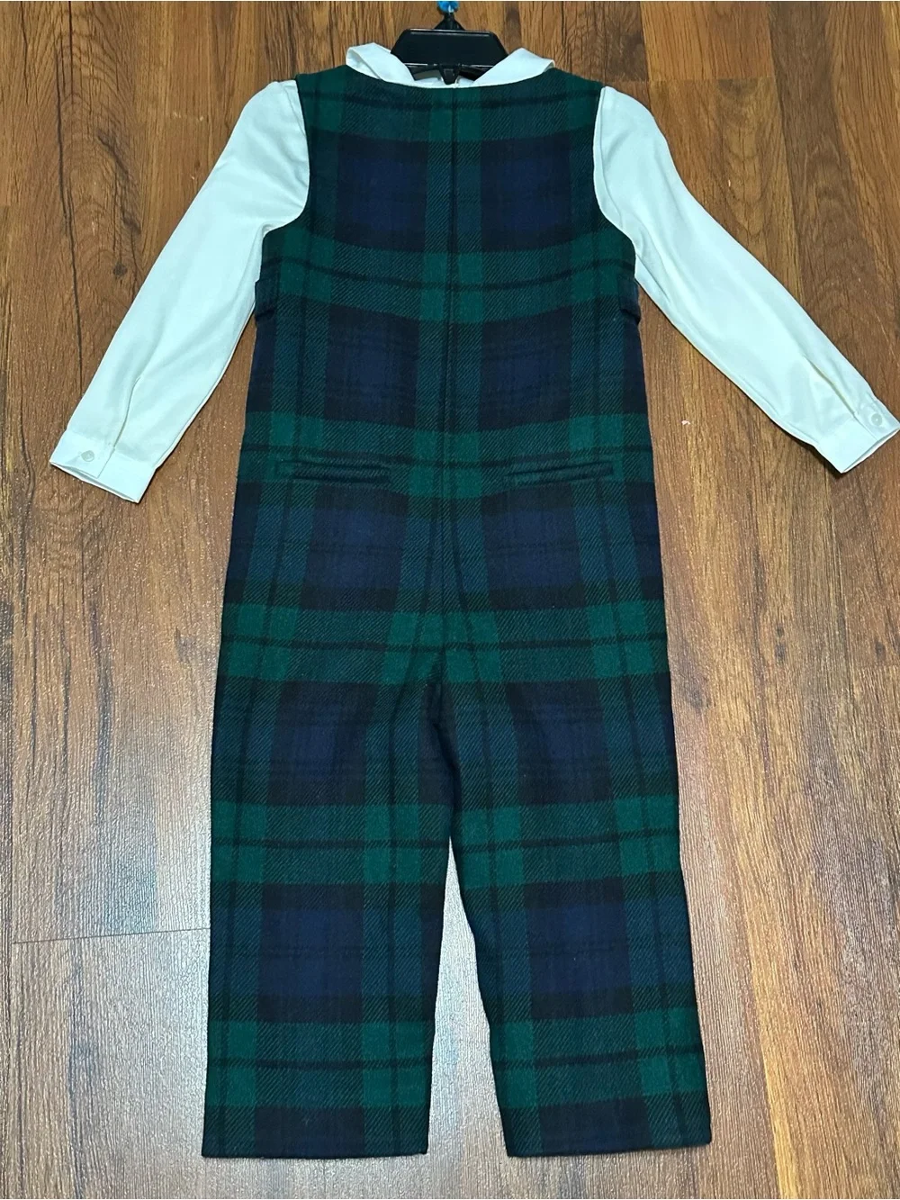 Ralph Lauren Wool Green and Navy Plaid Infant Romper with White Collared Shirt